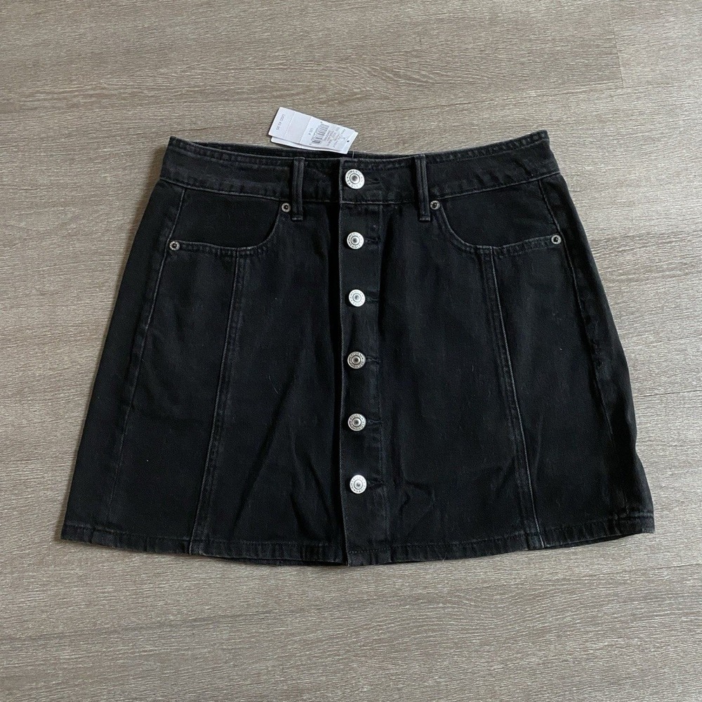 American Eagle Black Denim Mini Skirt Women Size 4 Button Front NWT‎ NEW Cotton